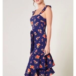 Suger lips navy blue floral midi raffle dress size L rose print